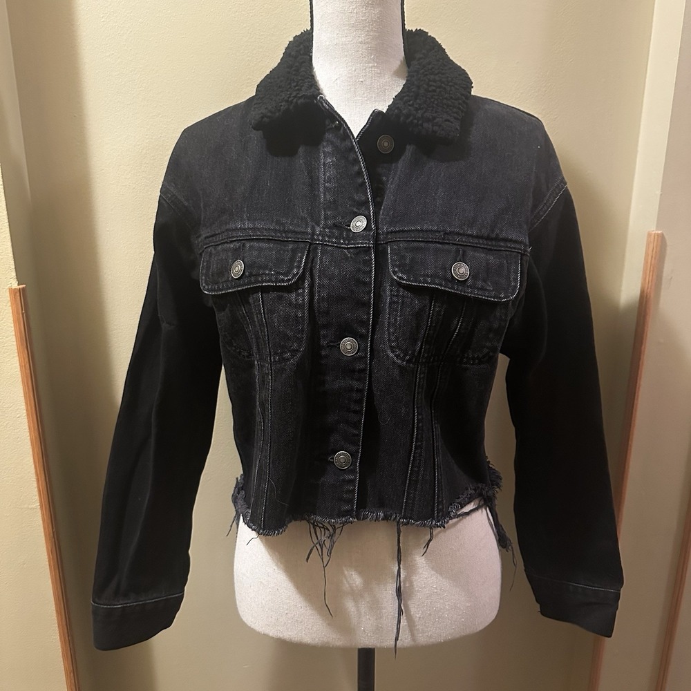 Abercrombie Cropped Trucker Jean Jacket Sherpa Collar Womens S Black 90's Grunge